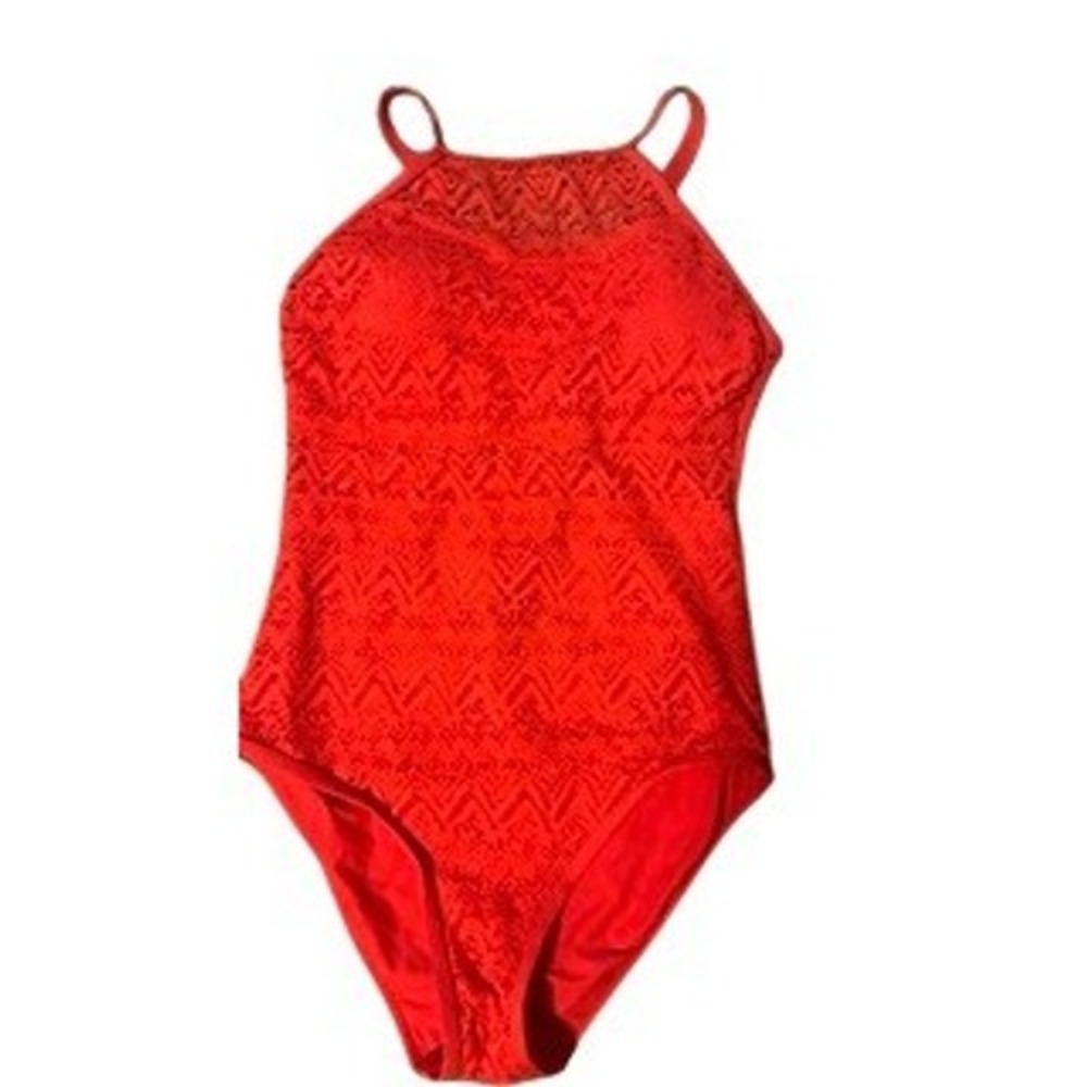 Red Crochet High Neck One Piece Swimsuit Adjustable Straps Geometric Boho Style